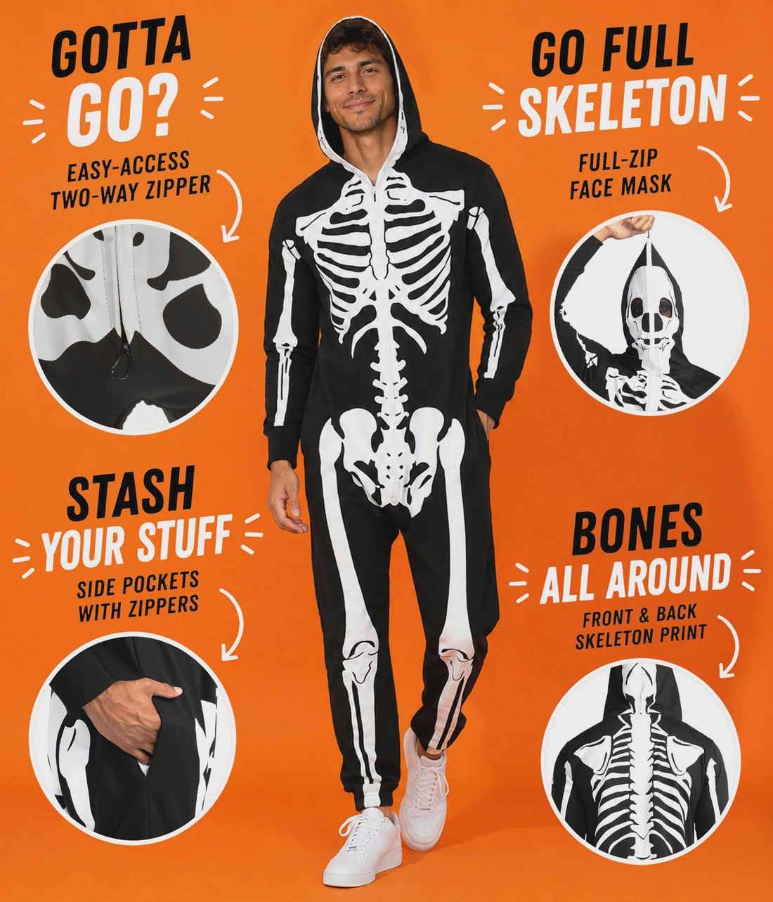 Men's Hooded Zip-Front Skeleton Costume Onesie