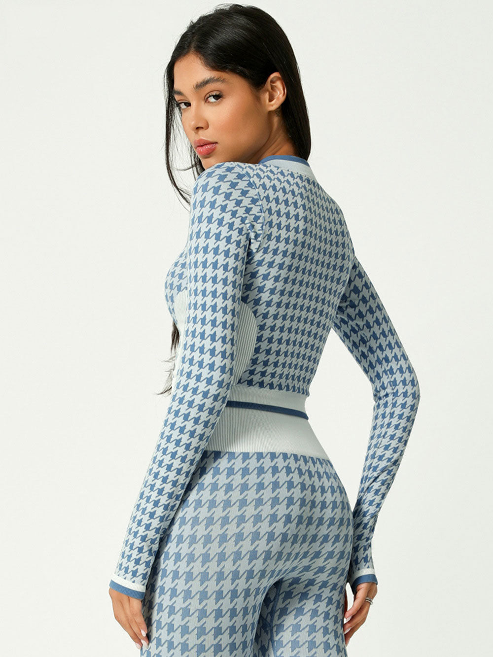Lila Zen Seamless Houndstooth Print Zip-Up Cardigan Yoga Jacket