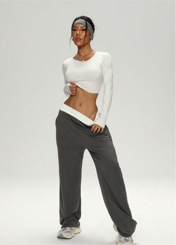 Lila Zen Casual Cropped Short-Sleeved Yoga Set with Wide-Leg Pants
