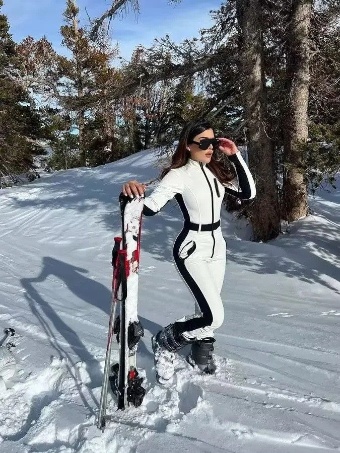 Luxe Belted Contrast Zip Ski Jumpsuit – One-Piece Snow Suit