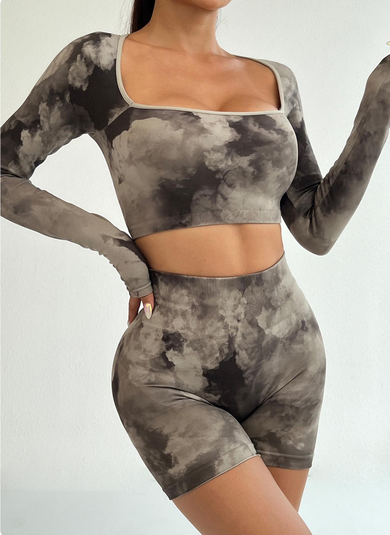 Lila Zen 3D Tie-Dye Square Neck Long Sleeve Slim Waist Hip-Lifting Shorts Sports Fitness Yoga Set