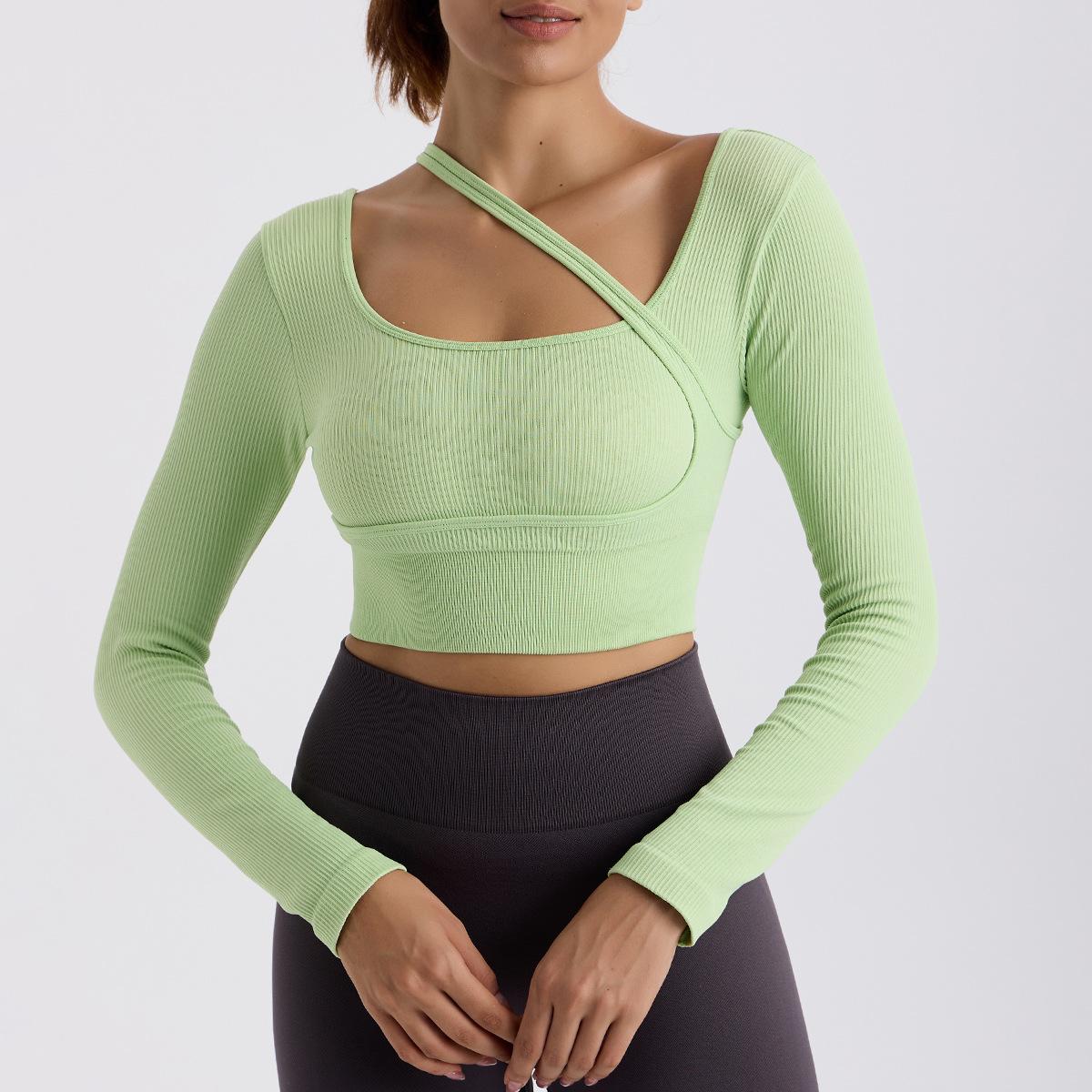 Lila Zen - Lila Zen Women's Ribbed Cross-Shoulder Long Sleeve Top - Crop Design Fitted Style, Yoga Workout & Daily Wear