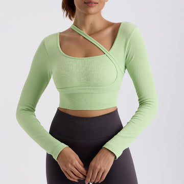 Lila Zen - Lila Zen Women's Ribbed Cross-Shoulder Long Sleeve Top - Crop Design Fitted Style, Yoga Workout & Daily Wear
