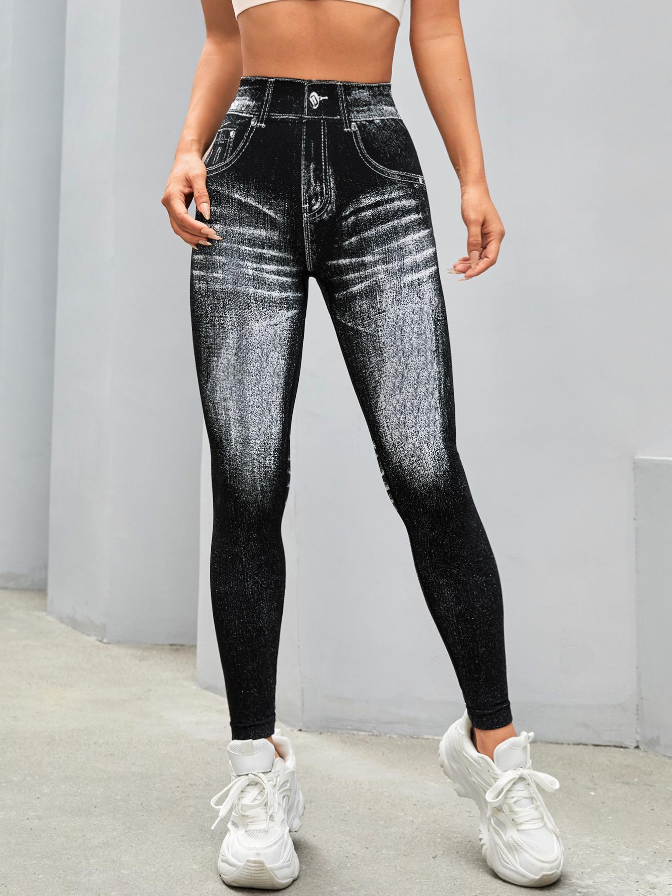 Lila Zen V Lila Zen Women's Faux Denim Seamless V-Waist Lifting and Quick-Drying Yoga Pants