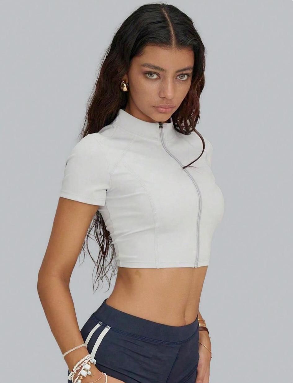 Lila Zen Stand Collar Zip-Front Crop Top