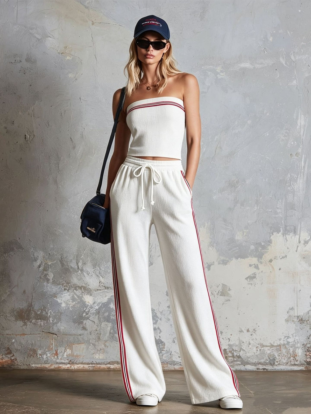 Retro-Sporty Striped-Trim Navy Cotton Off-Shoulder Jumpsuit
