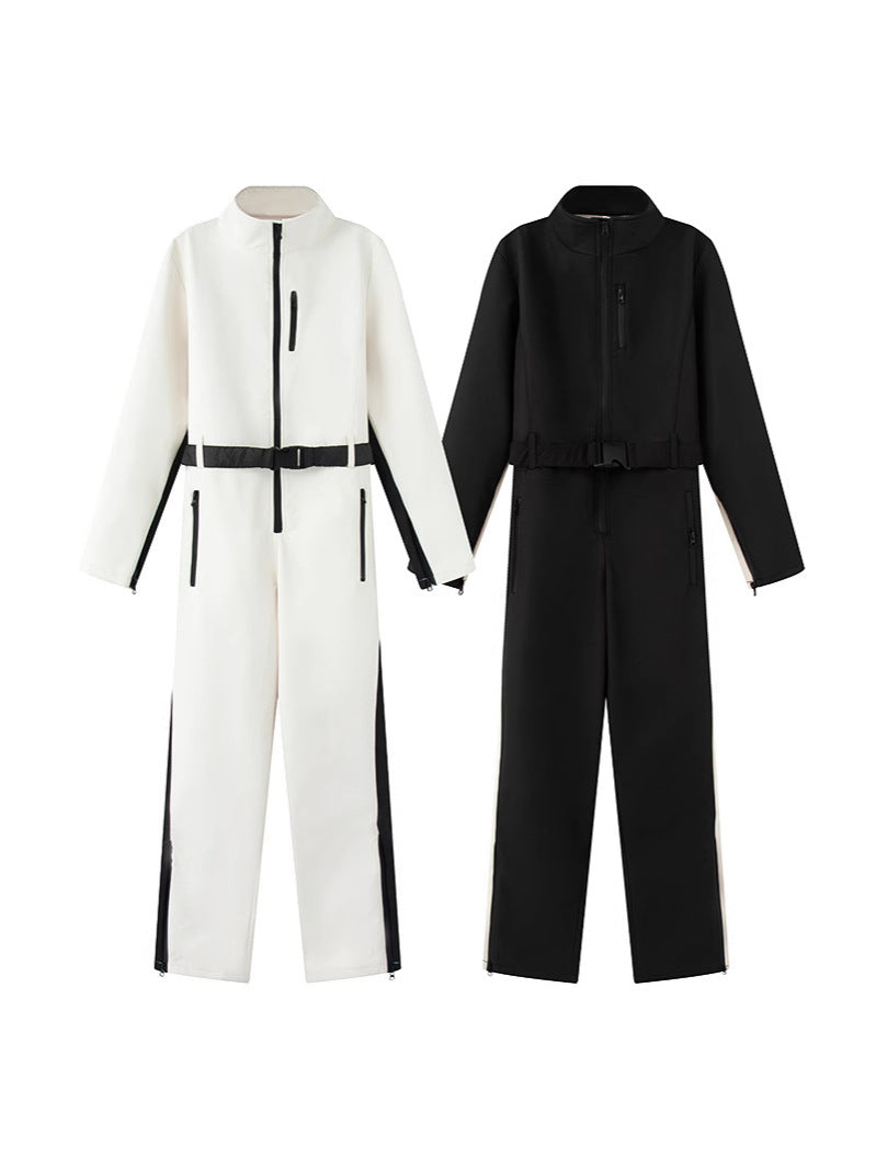 Luxe Belted Contrast Zip Ski Jumpsuit – One-Piece Snow Suit