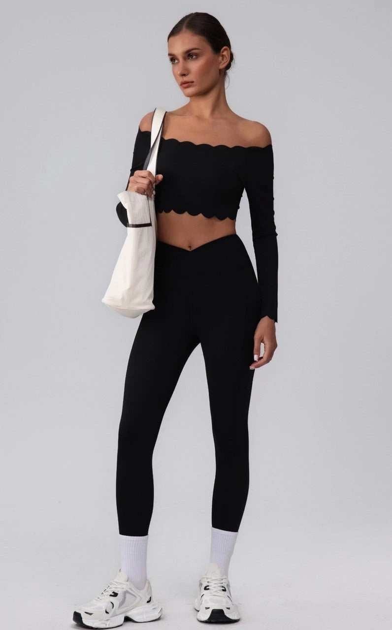 Black Scalloped Crop Top & Leggings Activewear Set