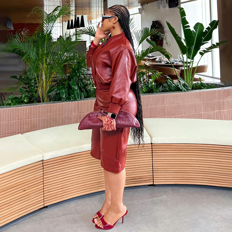 Faux Leather Zip Bomber & Bermuda Shorts Set