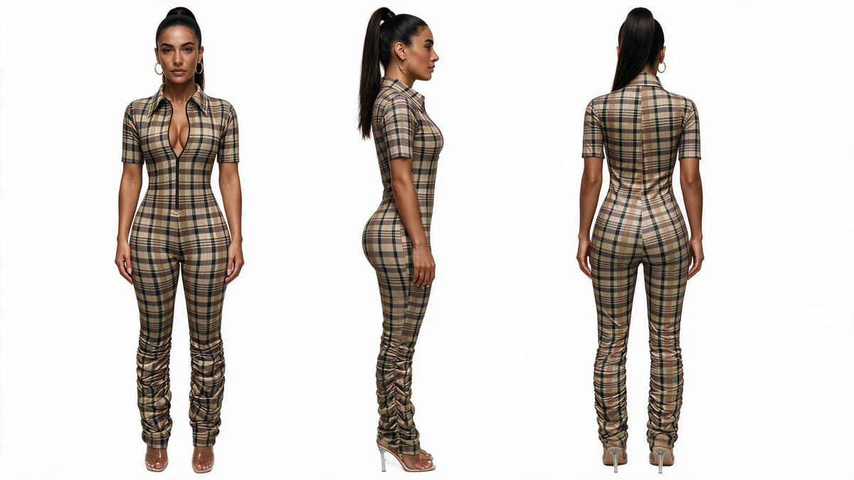 Collared Plaid Zipper Long Sleeve Bodycon Jumpsuit