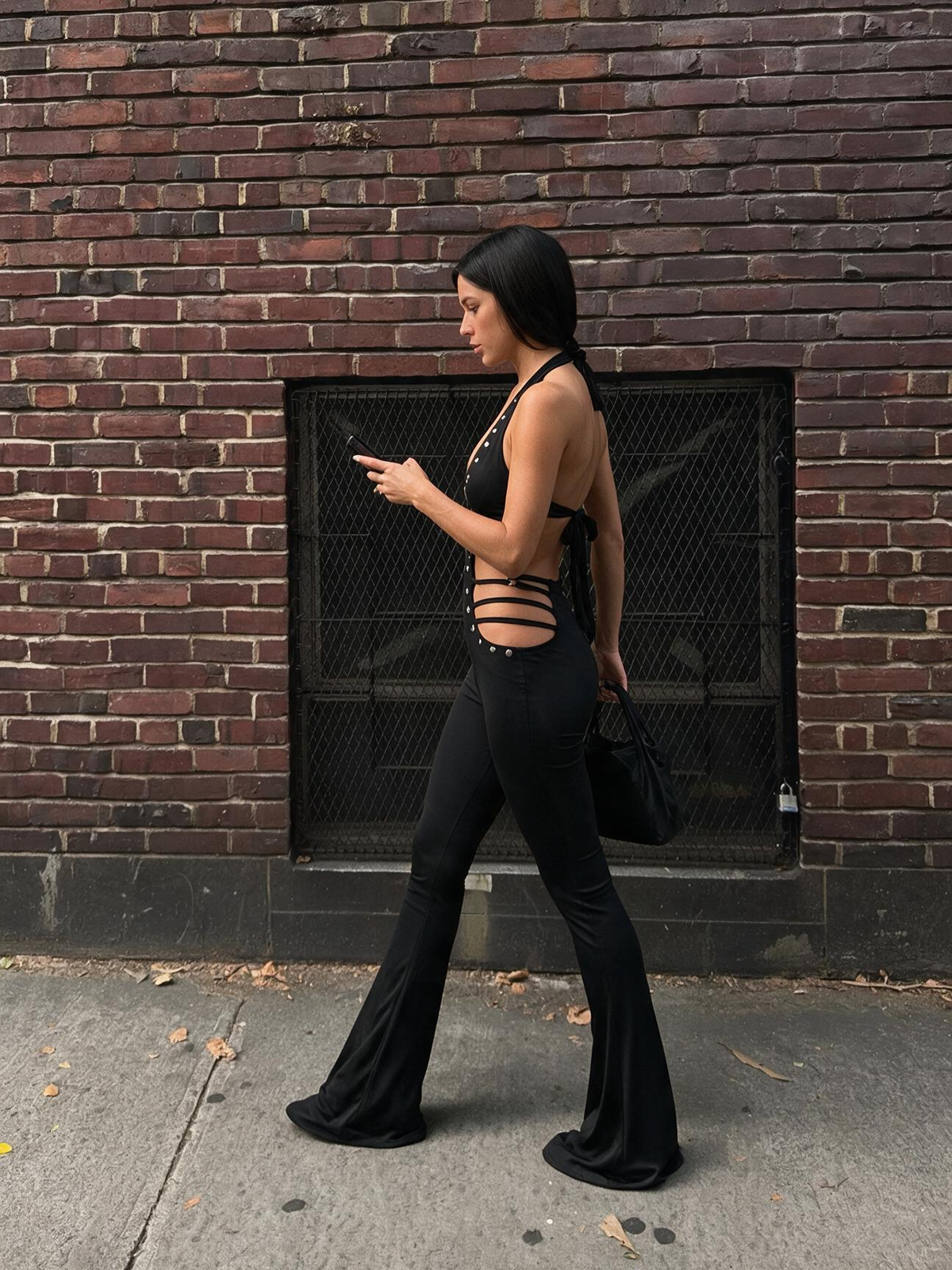 Studded Plunge Halter Cutout Flare Jumpsuit