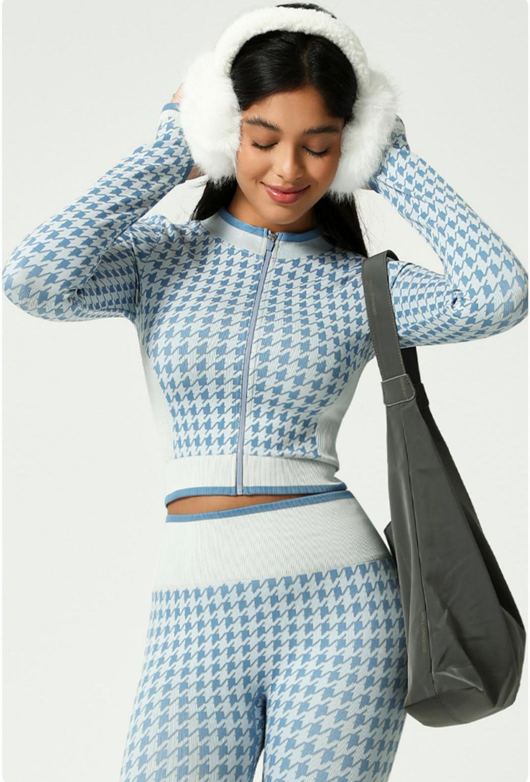 Lila Zen Seamless Houndstooth Print Zip-Up Cardigan Yoga Jacket