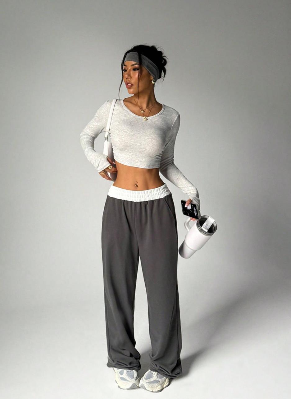 Lila Zen Casual Cropped Short-Sleeved Yoga Set with Wide-Leg Pants