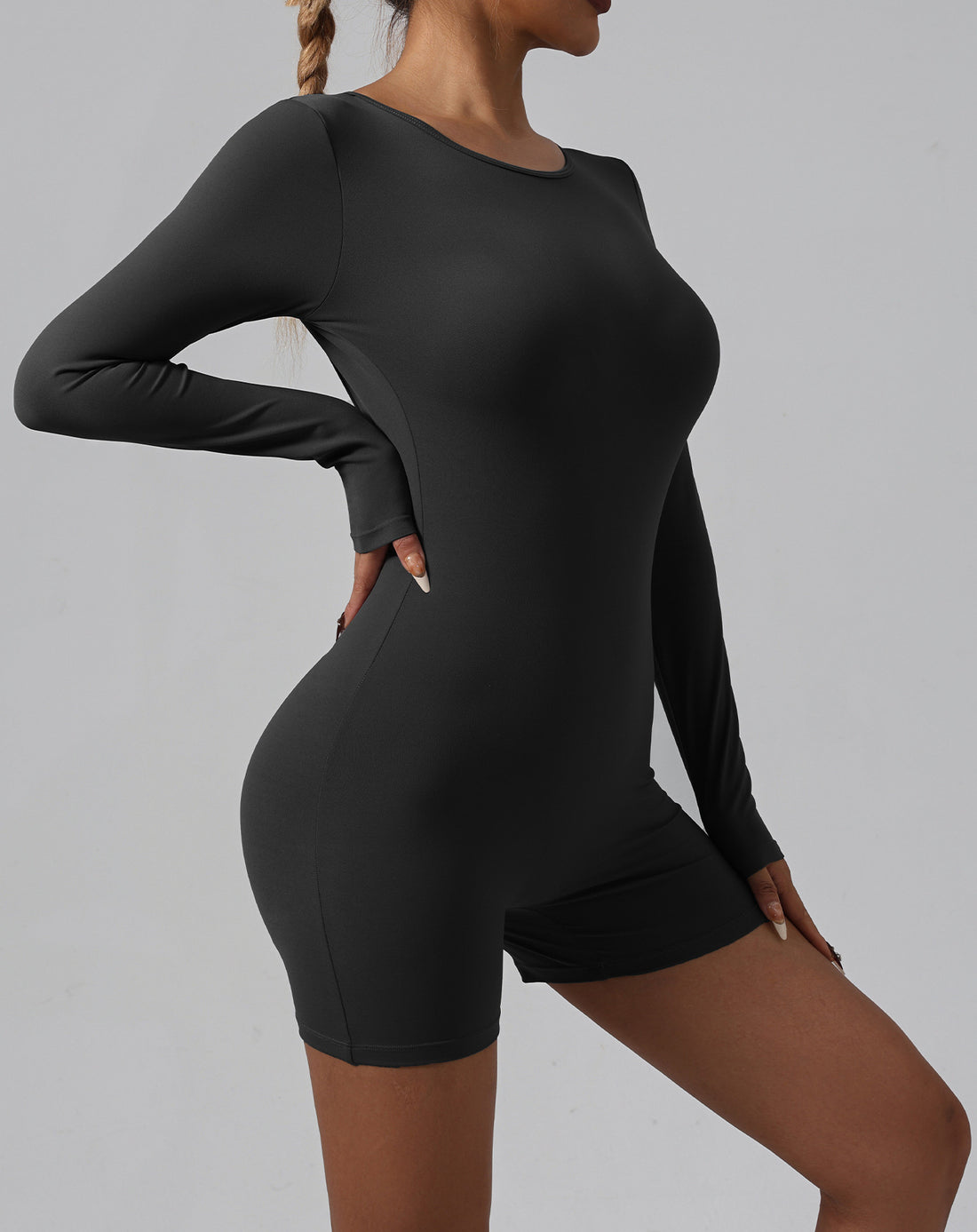 Lila Zen Sexy Backless Long-Sleeved Bodycon Yoga Bodysuit Shorts