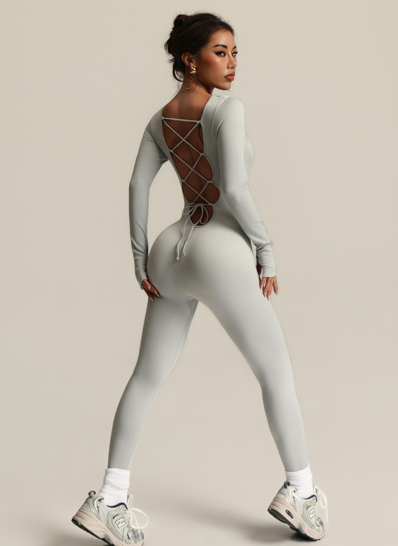 Lila Zen Seamless Square Neckline Drawstring Backless Long-Sleeved Bodysuit Yoga Suit