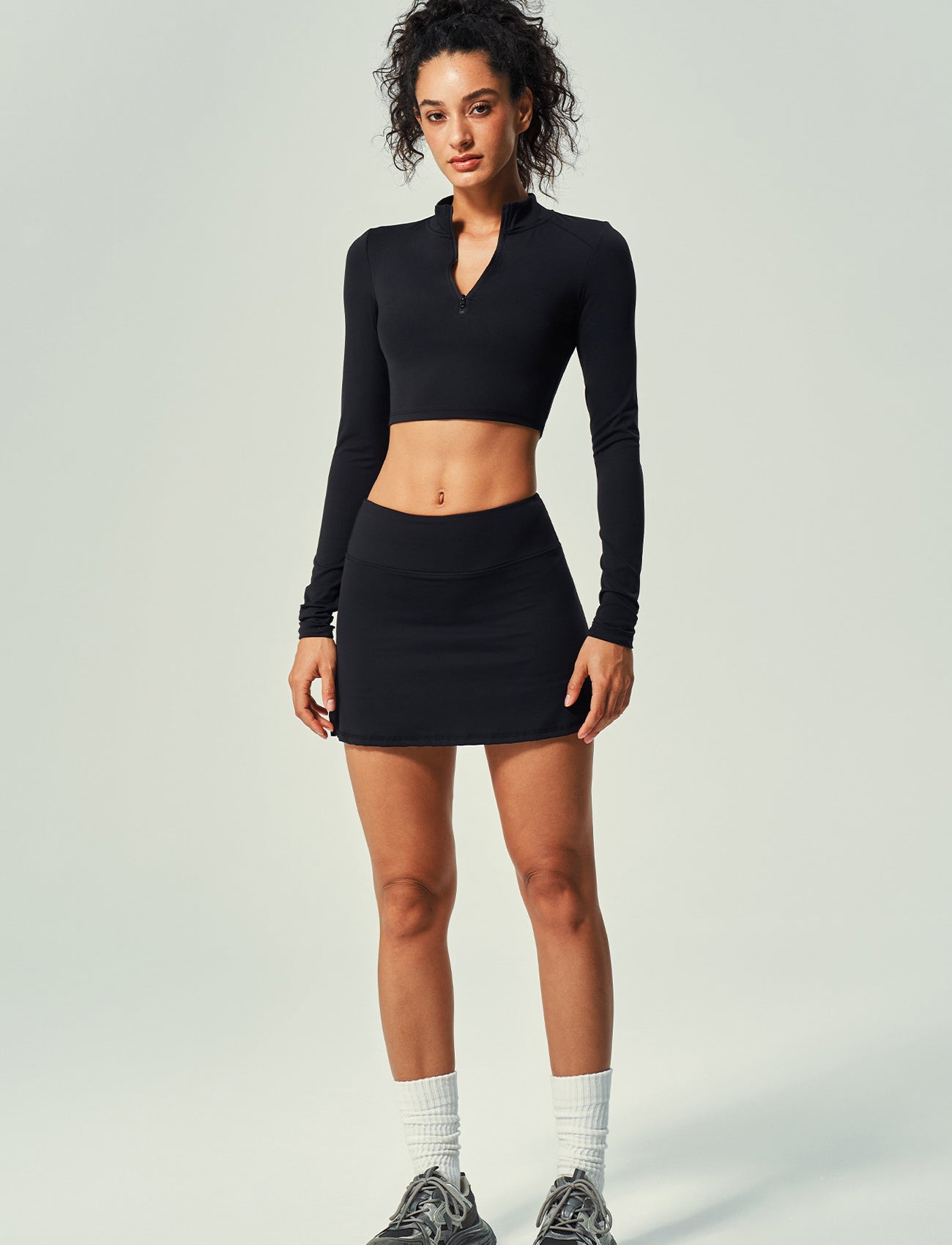Lila Zen Zippered Long-Sleeved Short Skirt Yoga Suit