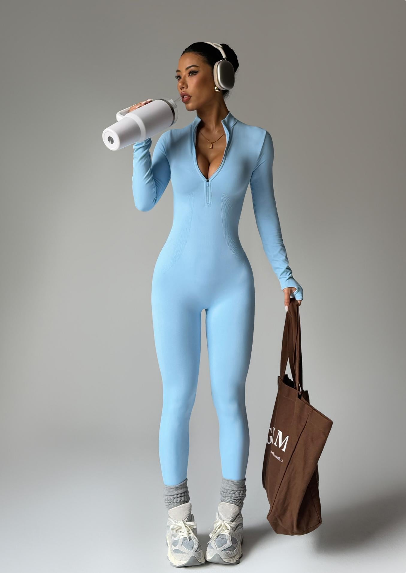 Lila Zen Protective Cover, Zippered Chest, Long-Sleeved Seamless Fitted Bodysuit with Butt Lifting, Sports Yoga Fitted Bodysuit