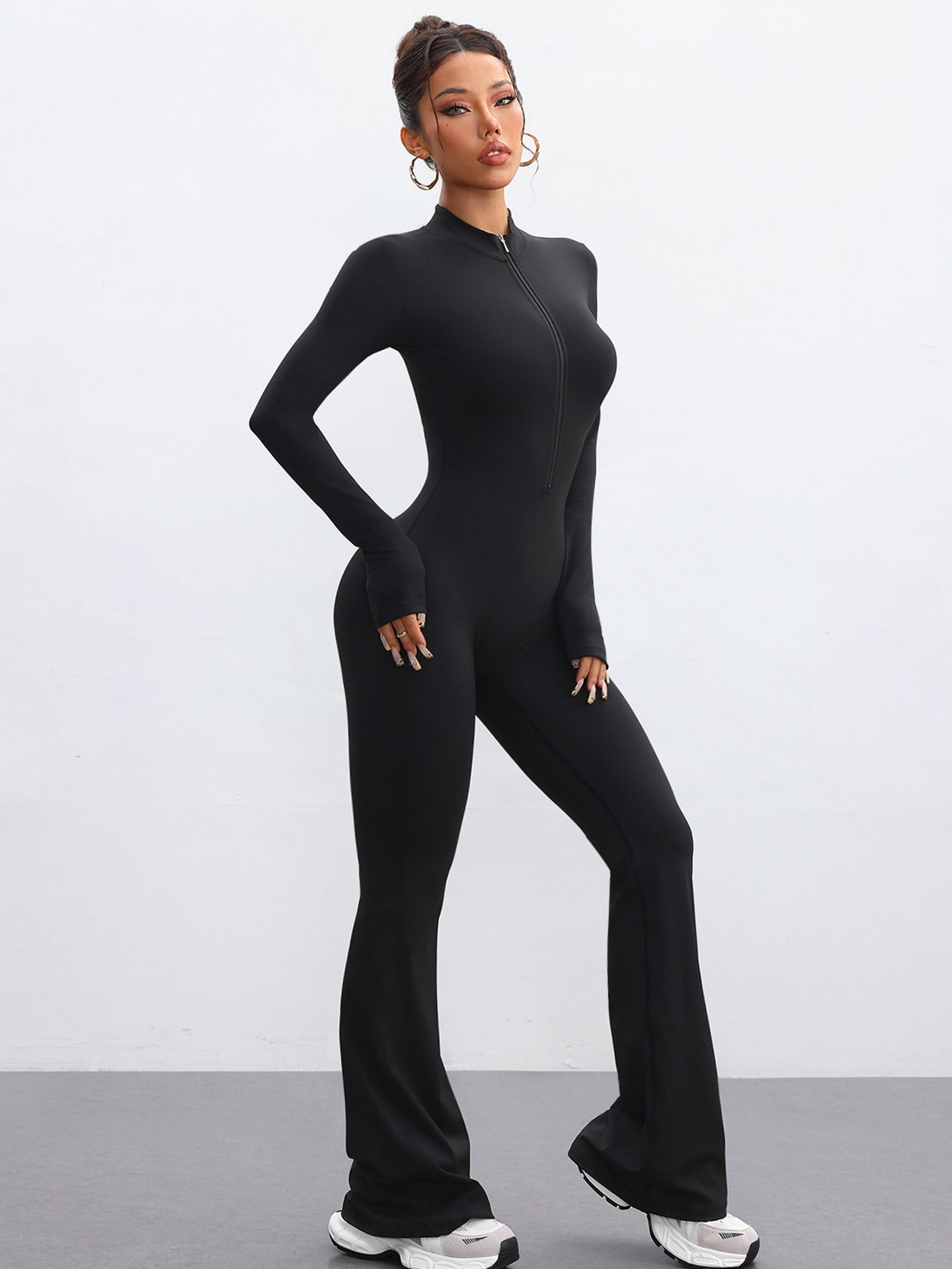 Lila Zen Stand Collar Zipper Sexy Peach Hip Tight Fitness Yoga Jumpsuit Flare Pants