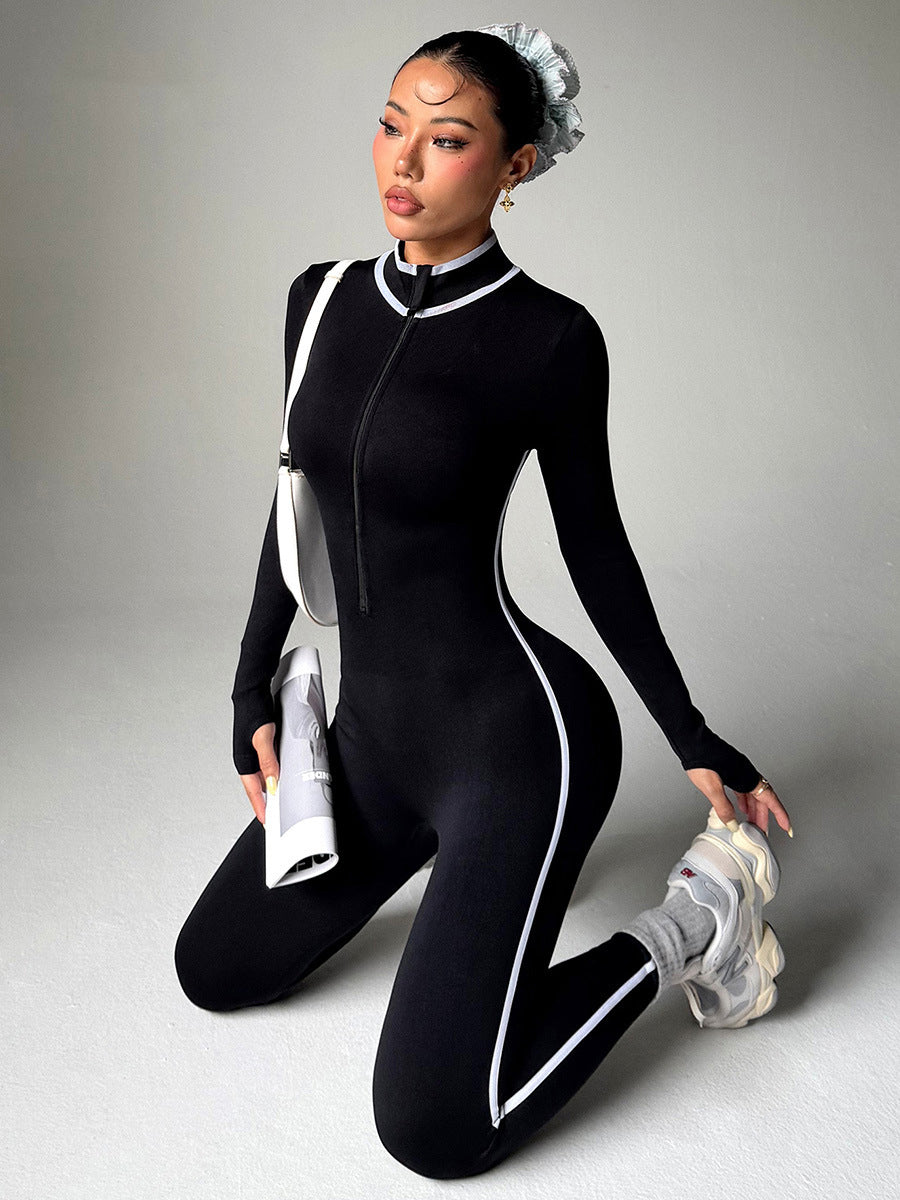 Lila Zen Stand Collar Slim Fit Zipper Color Block Trim Long Sleeve Yoga/Fitness Bodysuit
