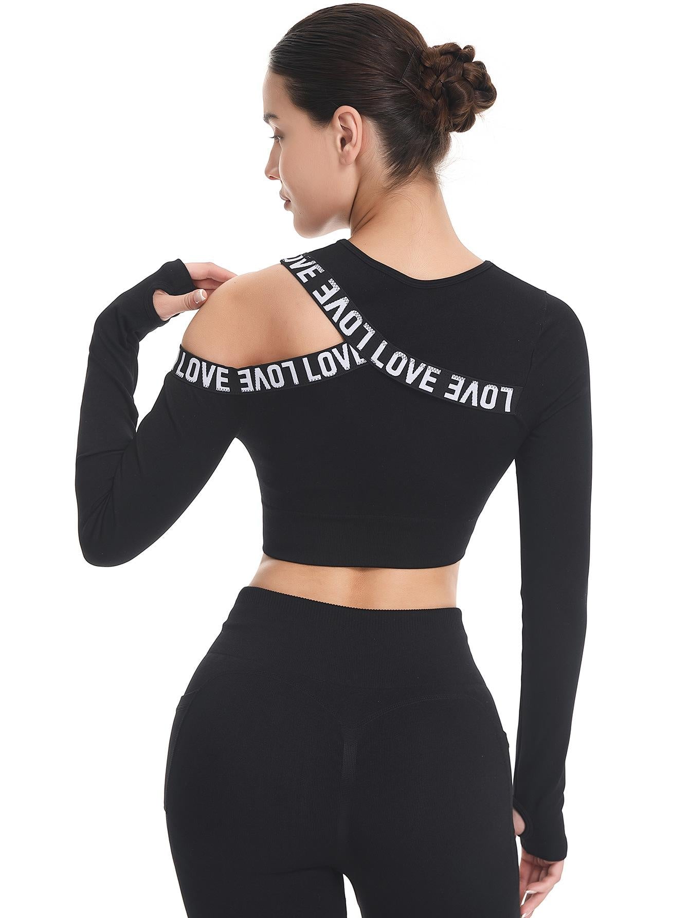 Asymmetrical Off-Shoulder Long-Sleeve Yoga Top with Letter Print