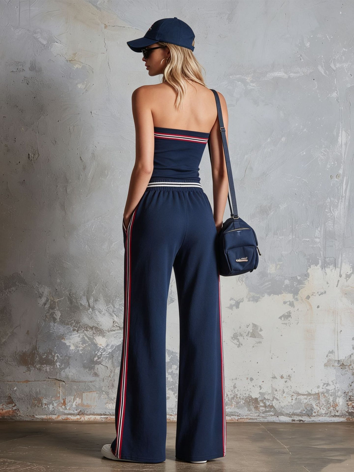 Retro-Sporty Striped-Trim Navy Cotton Off-Shoulder Jumpsuit