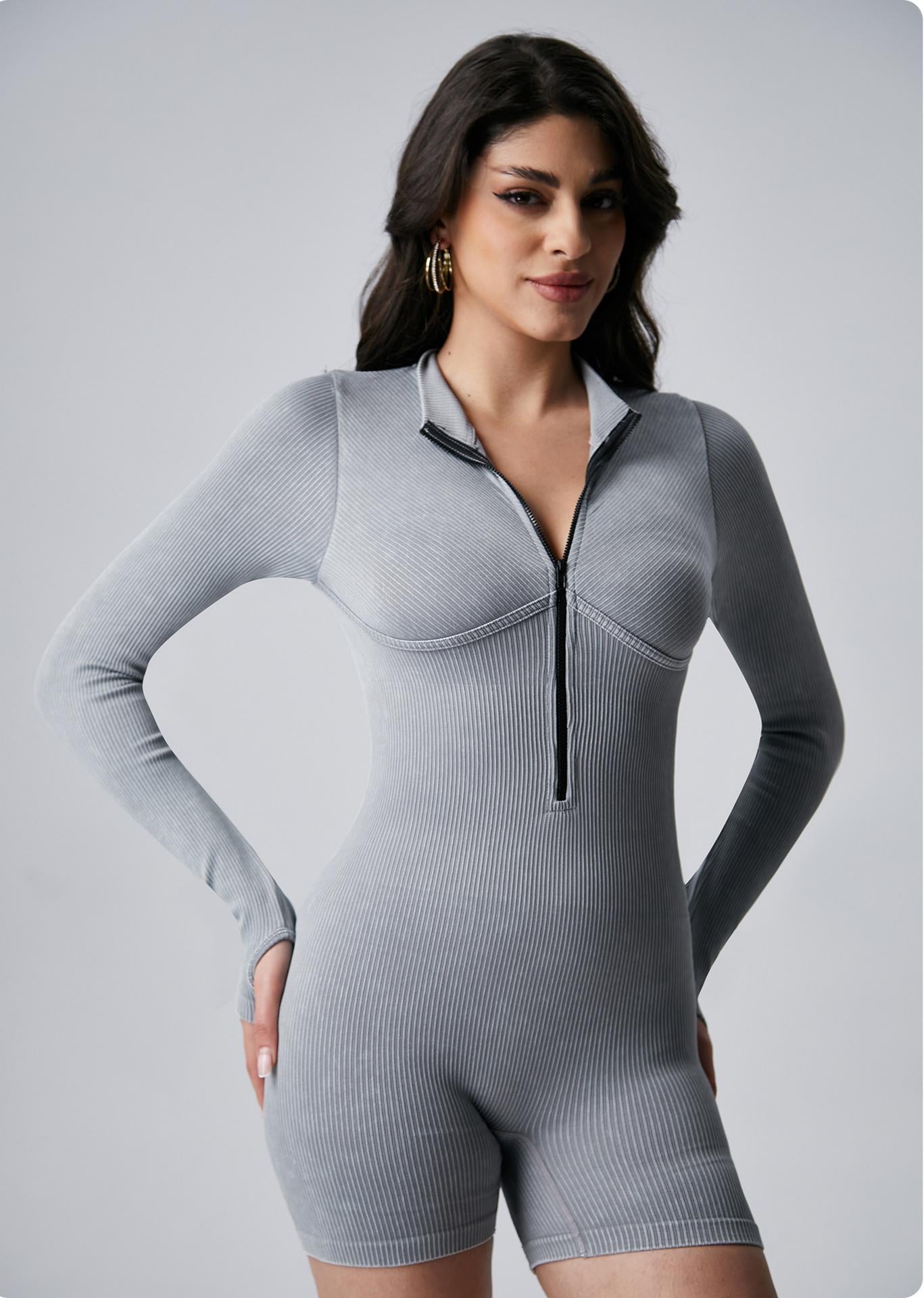 Lila Zen One-Piece Frosted Seamless Zippered Cuffs Fitted Yoga Bodysuit Long Sleeve