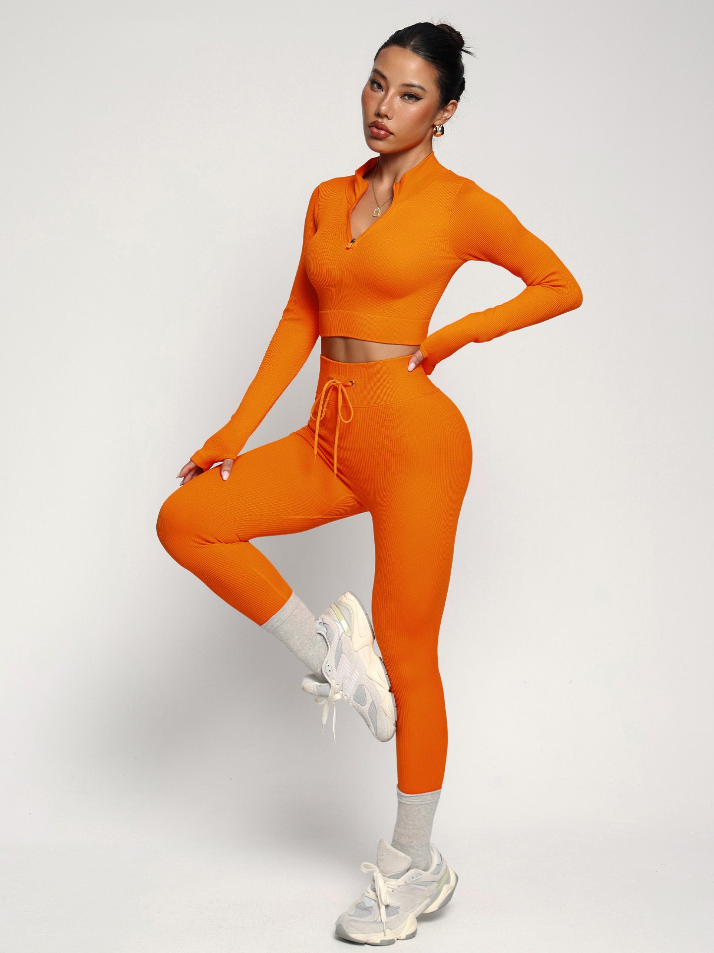 Lila Zen Adjustable Zippered Cuffs Long Sleeves High Waist Tie Waistband Shaping Fitness Yoga Workwear Set