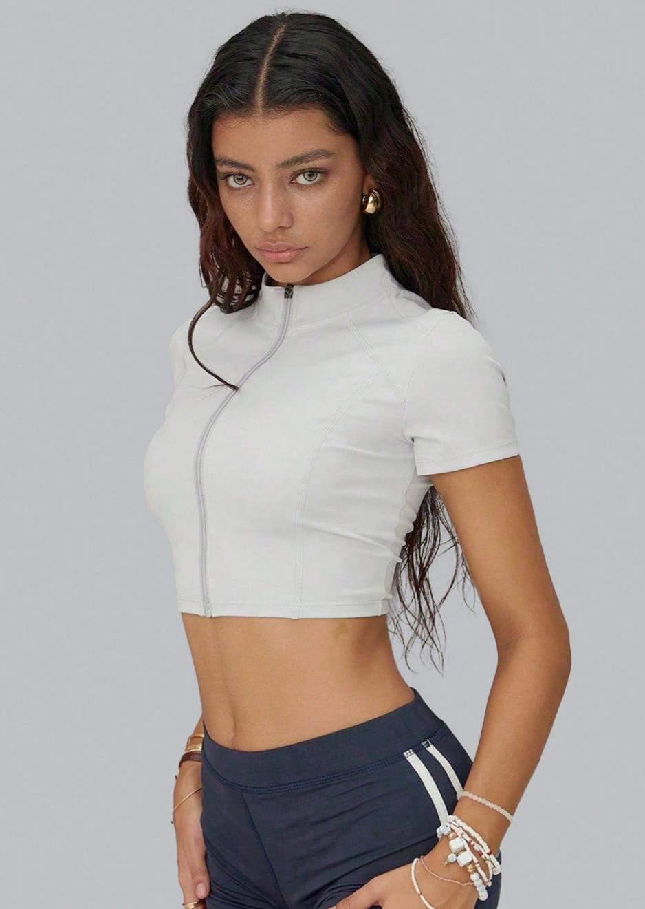 Lila Zen Stand Collar Zip-Front Crop Top