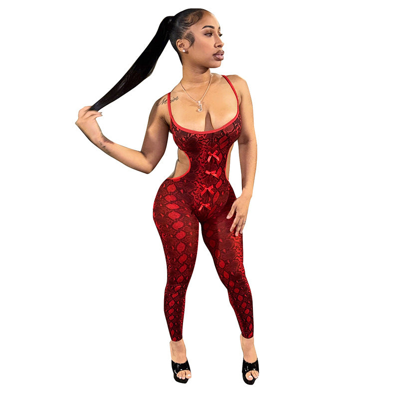 Leopard Print Cut-Out Halter Jumpsuit with Bow Detail