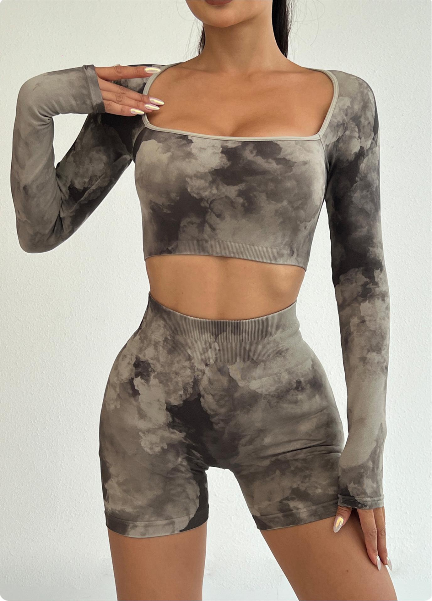 Lila Zen 3D Tie-Dye Square Neck Long Sleeve Slim Waist Hip-Lifting Shorts Sports Fitness Yoga Set