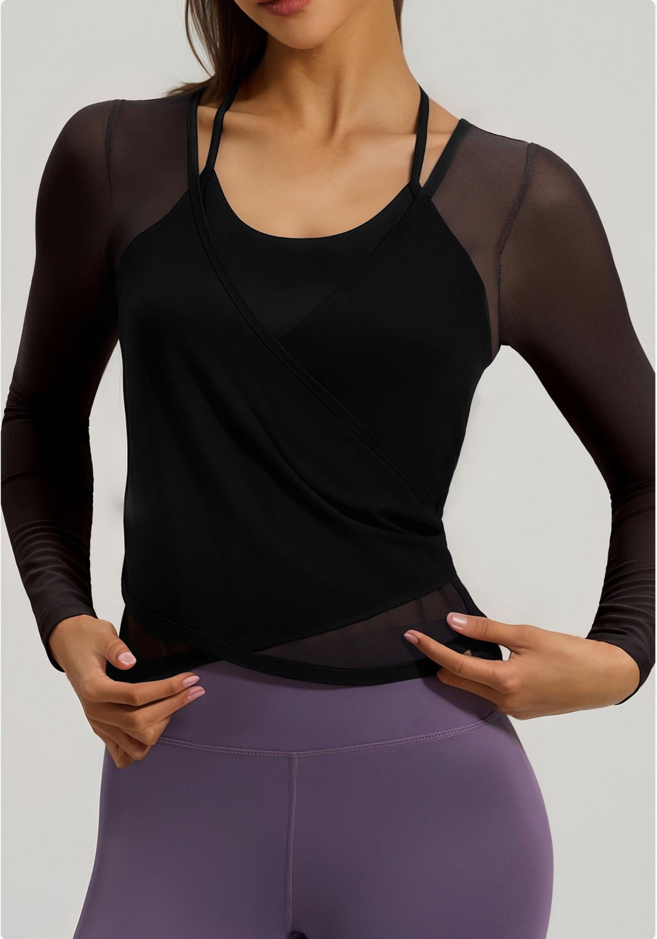 Lila Zen Women's Sheer Mesh Long-Sleeved Camisole Two-Piece Set