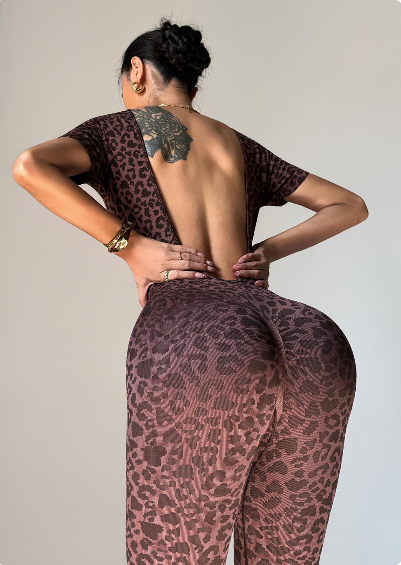 Lila Zen Fashion Leopard Print Sexy Open Back Seamless Slimming Sports Yoga One-Piece Bodysuit