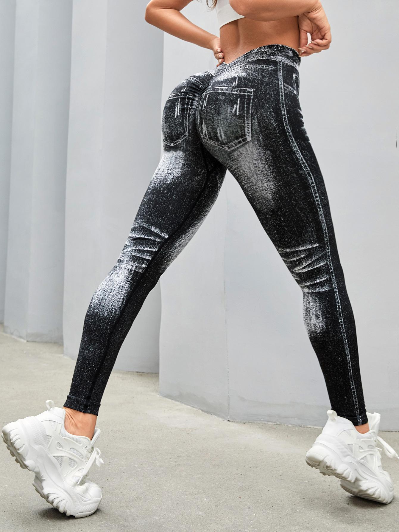 Lila Zen V Lila Zen Women's Faux Denim Seamless V-Waist Lifting and Quick-Drying Yoga Pants