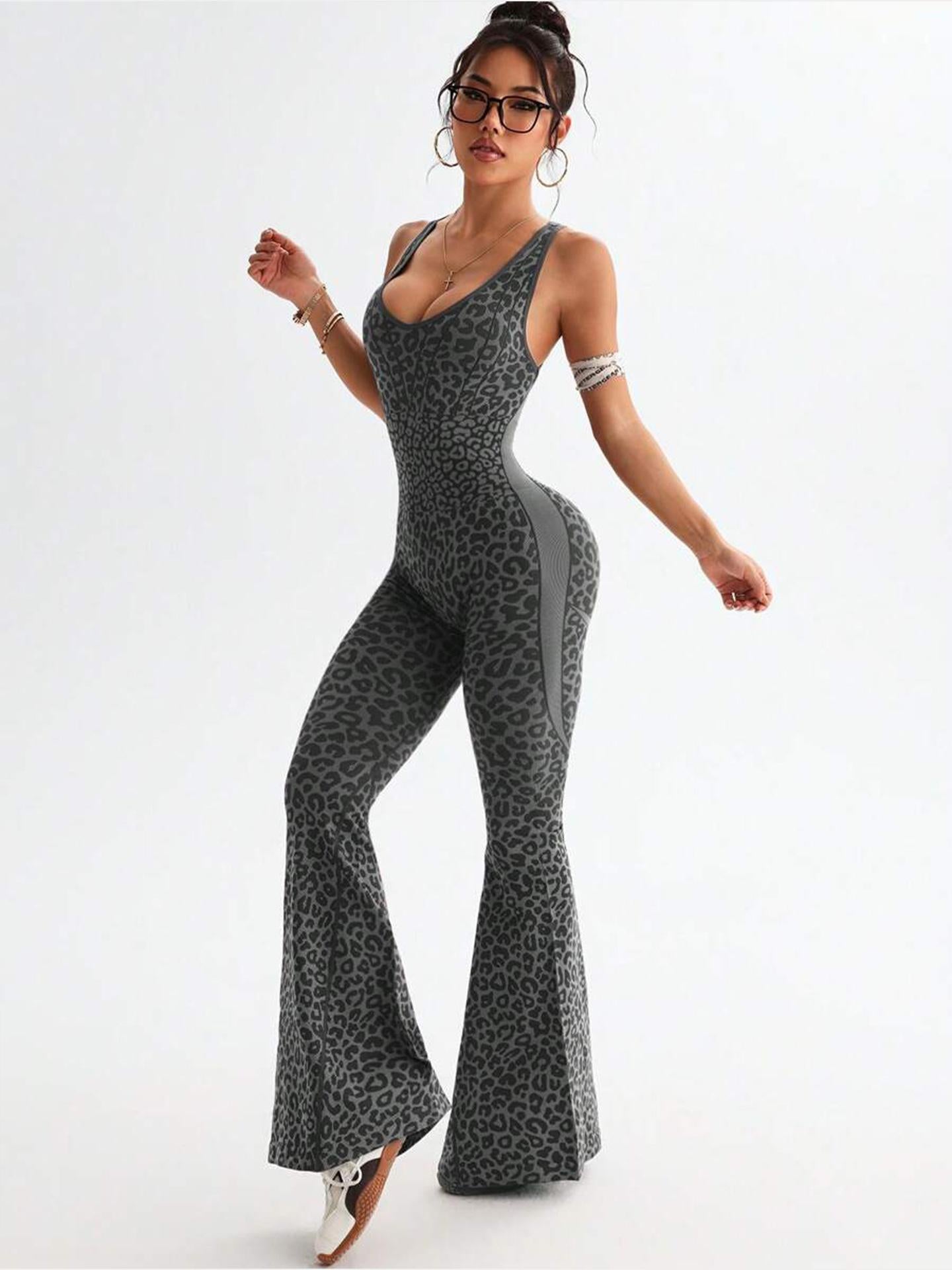 Lila Zen Leopard Print Crossback Flared Jumpsuit Yoga Pants