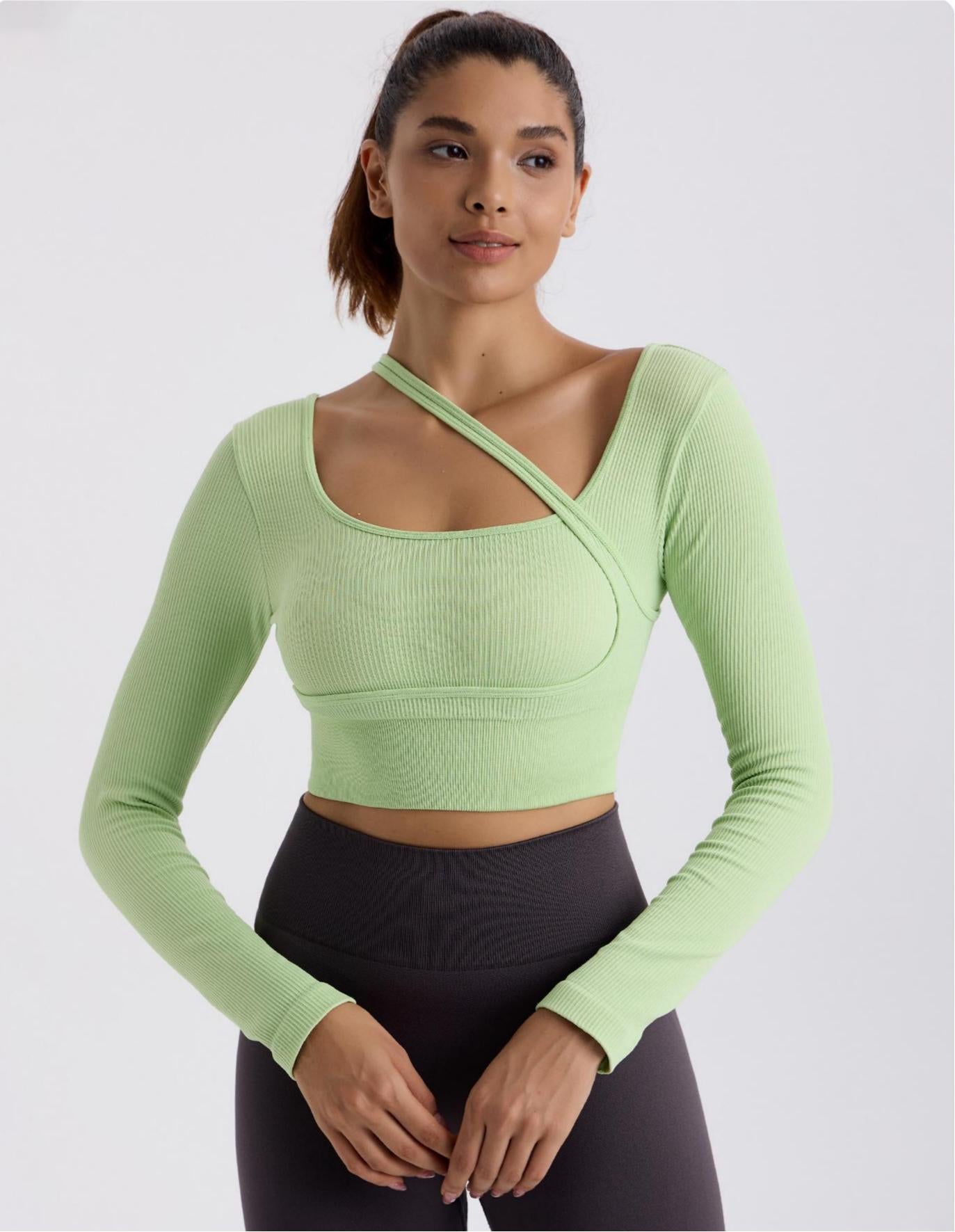 Lila Zen - Lila Zen Women's Ribbed Cross-Shoulder Long Sleeve Top - Crop Design Fitted Style, Yoga Workout & Daily Wear