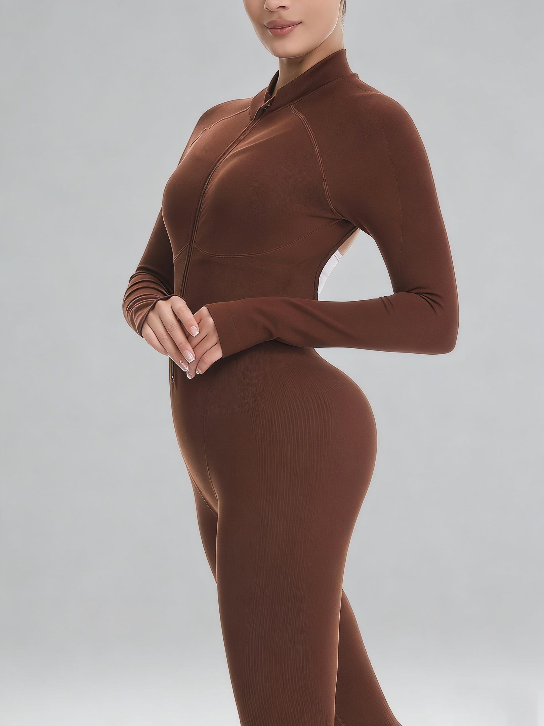 Lila Zen Stand Collar Zipper Long Sleeve Bodysuit Seamless One-Piece Yoga Wear