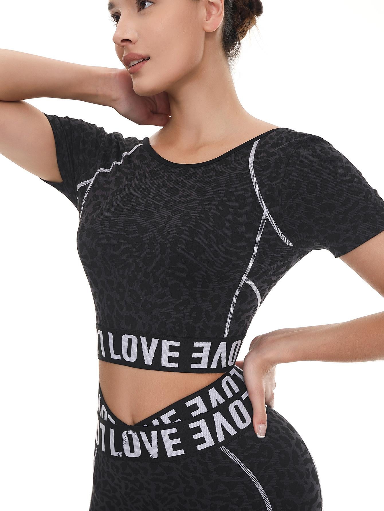 Lila Zen Leopard Print Letter Fitted Color Block Seamless Fitness Yoga Short-Sleeve Top
