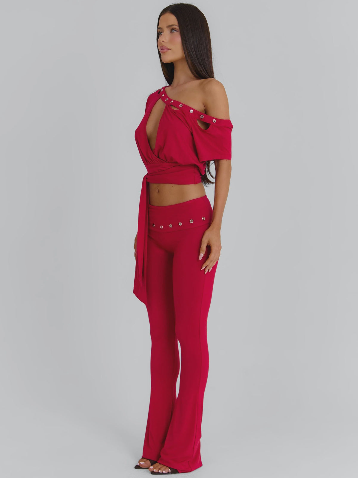 Red Off-Shoulder Deep V Top & Flare Pants Set