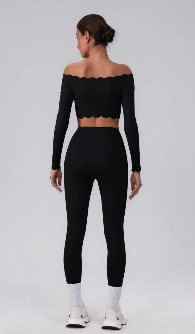 Black Scalloped Crop Top & Leggings Activewear Set