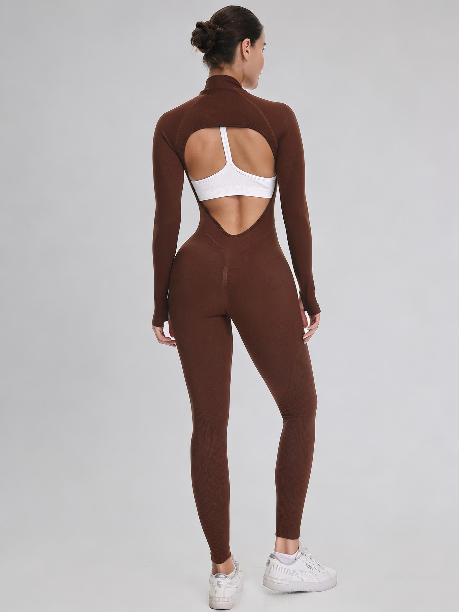 Lila Zen Stand Collar Zipper Long Sleeve Bodysuit Seamless One-Piece Yoga Wear