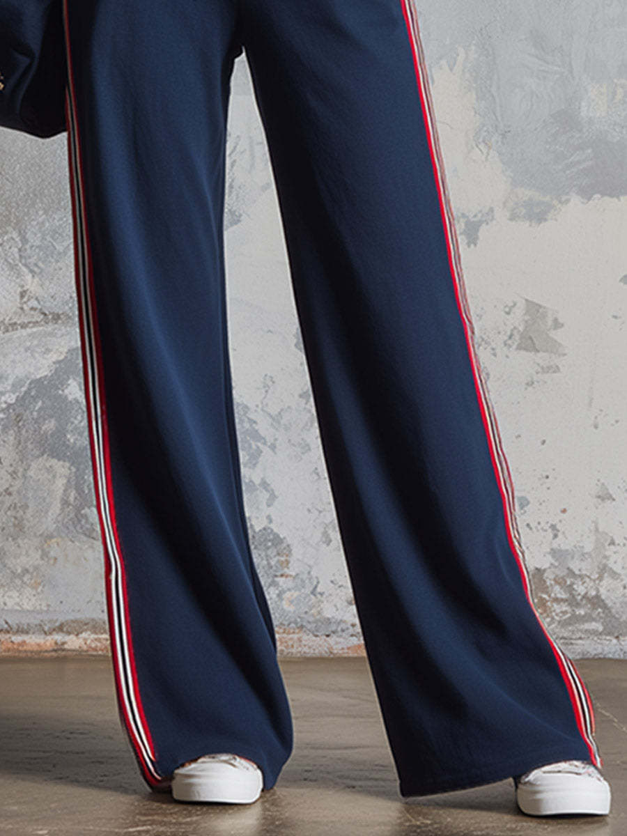 Retro-Sporty Striped-Trim Navy Cotton Off-Shoulder Jumpsuit