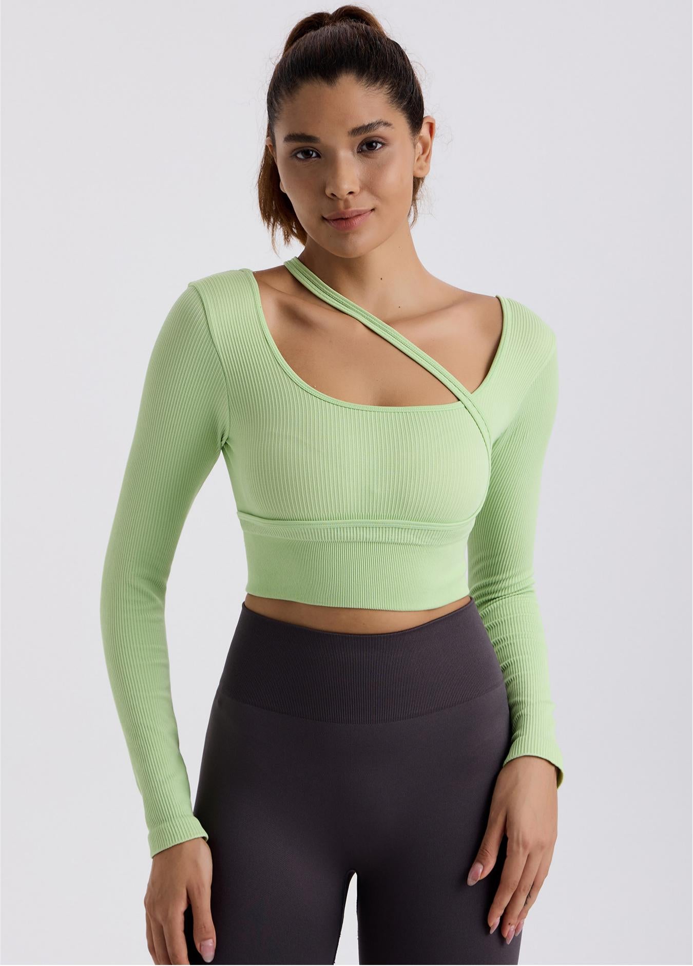 Lila Zen - Lila Zen Women's Ribbed Cross-Shoulder Long Sleeve Top - Crop Design Fitted Style, Yoga Workout & Daily Wear