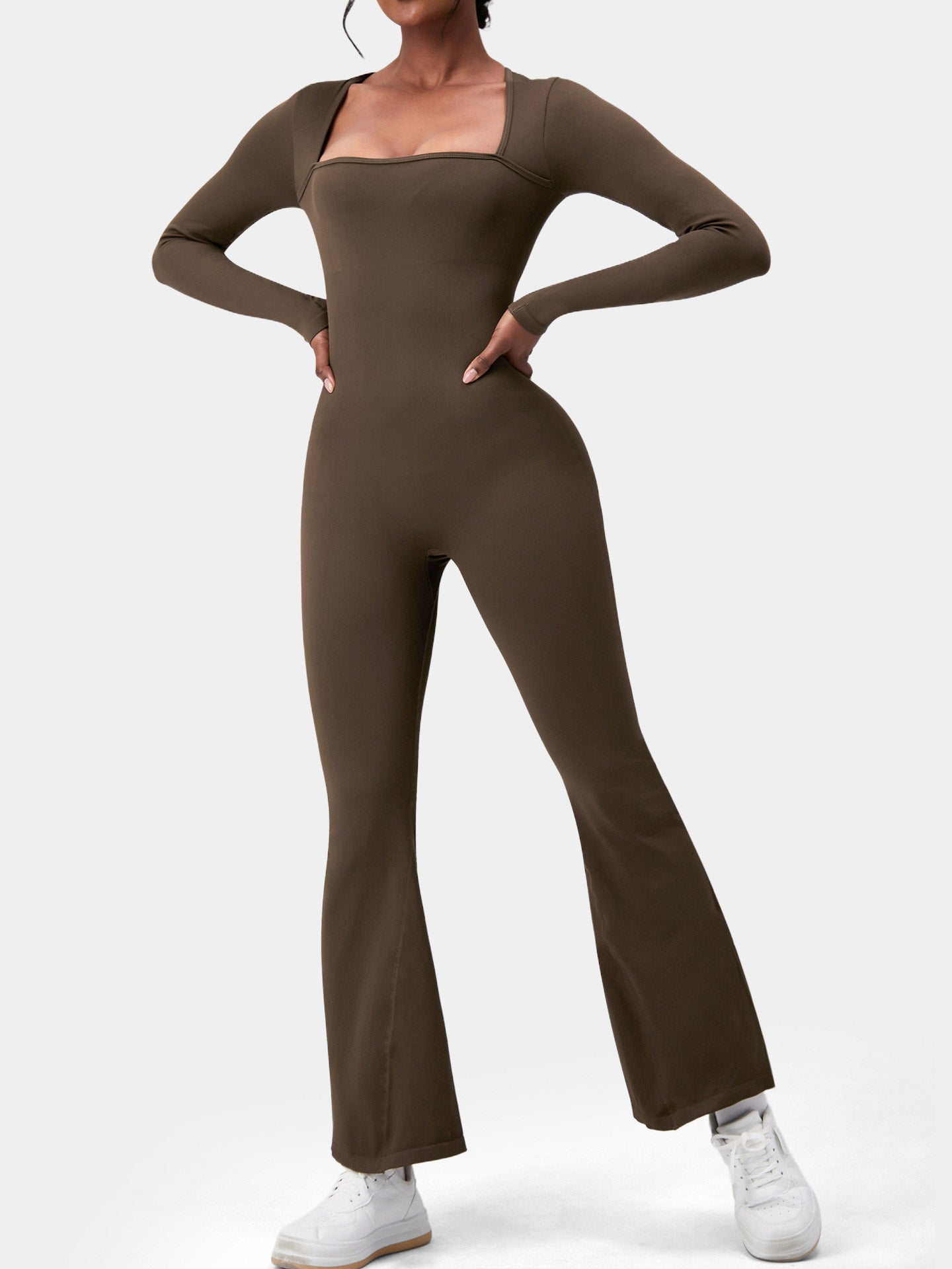 Lila Zen Seamless Square Neck Slim Fit Onesie Yoga Suit Long Sleeve