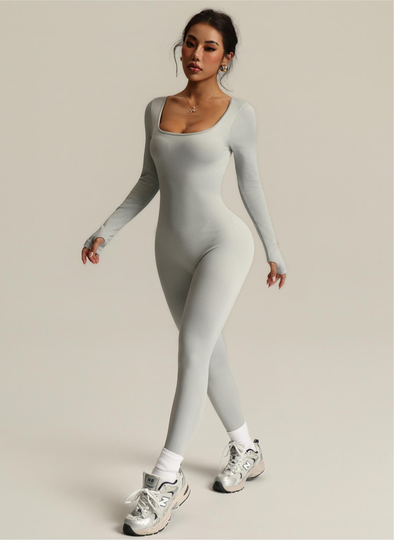 Lila Zen Seamless Square Neckline Drawstring Backless Long-Sleeved Bodysuit Yoga Suit