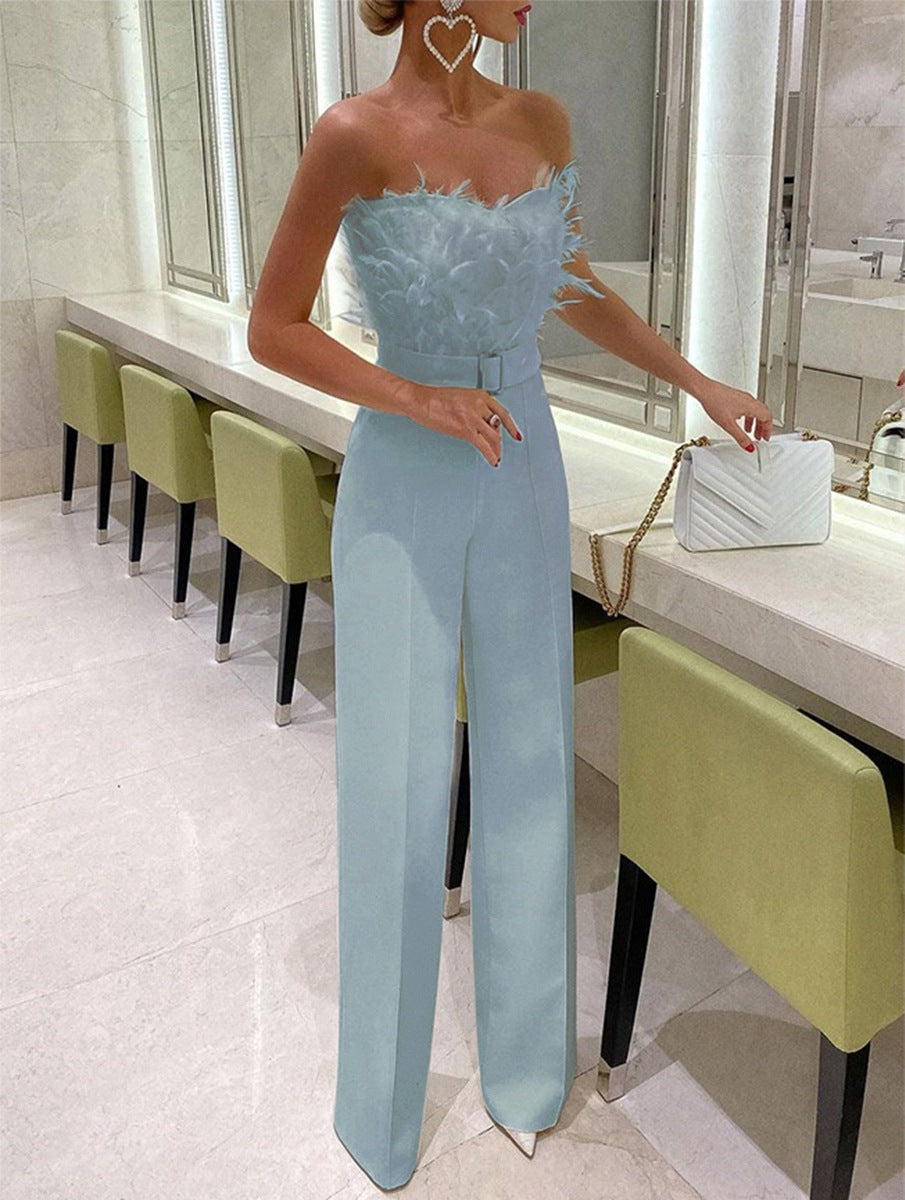 Feather Trim Sleeveless Slim Jumpsuit