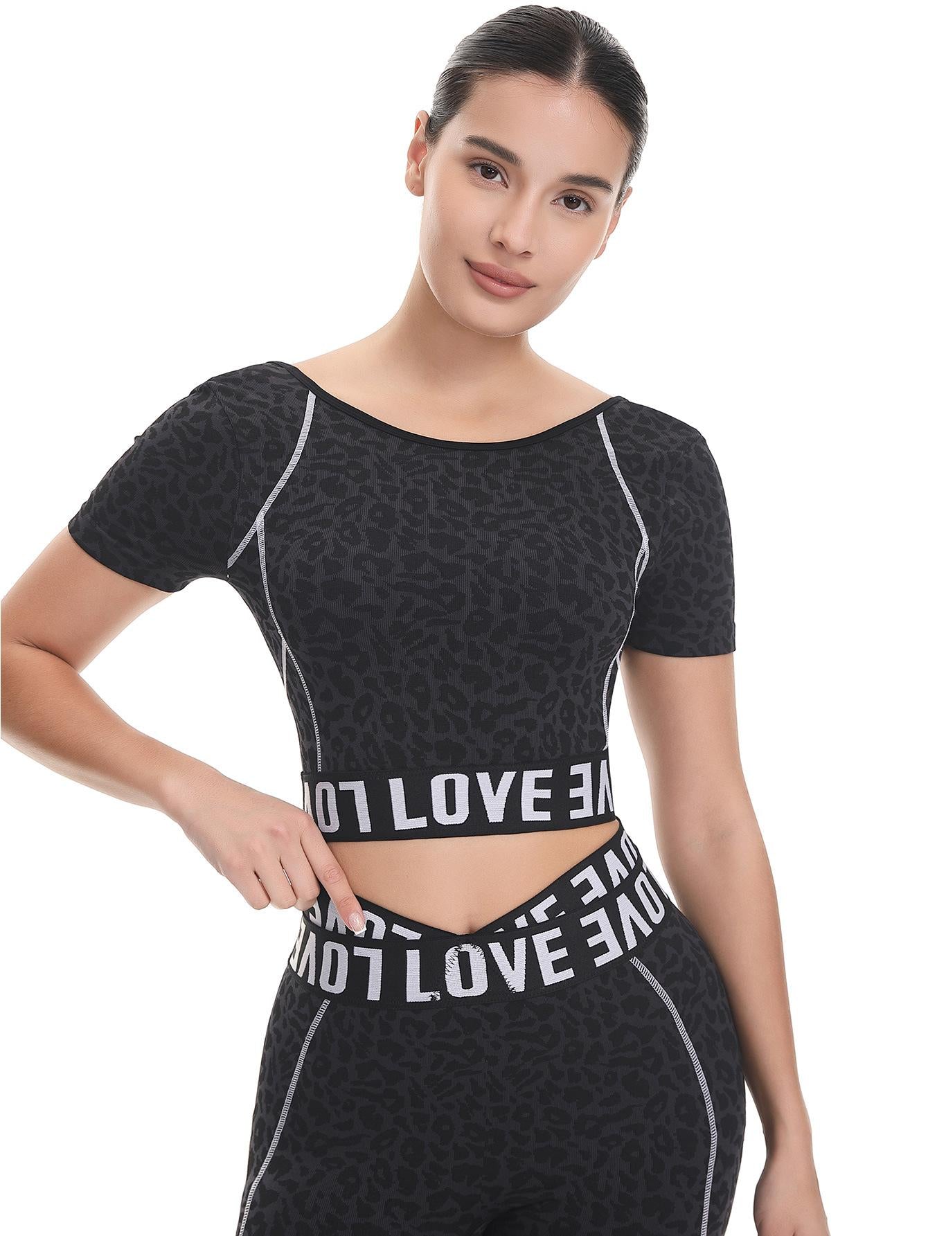 Lila Zen Leopard Print Letter Fitted Color Block Seamless Fitness Yoga Short-Sleeve Top