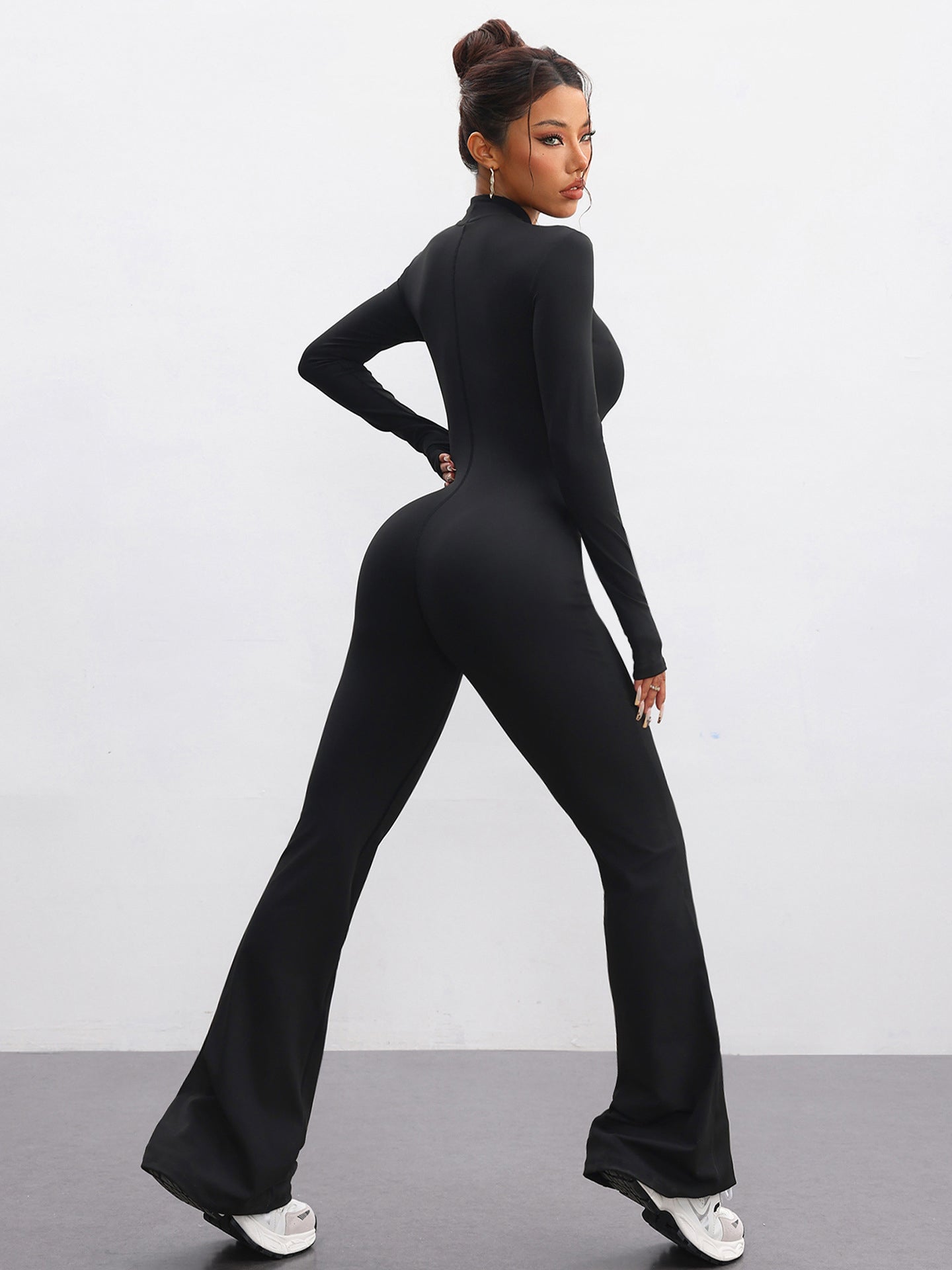 Lila Zen Stand Collar Zipper Sexy Peach Hip Tight Fitness Yoga Jumpsuit Flare Pants