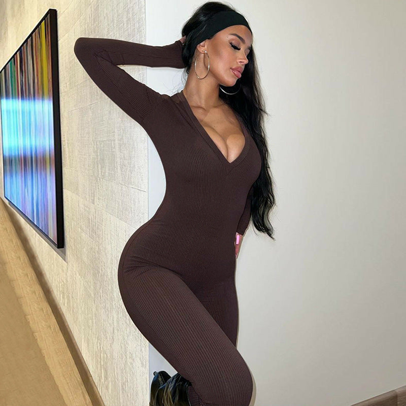 Casual Ribbed Deep V-Neck Long Sleeve Skinny Jumpsuit