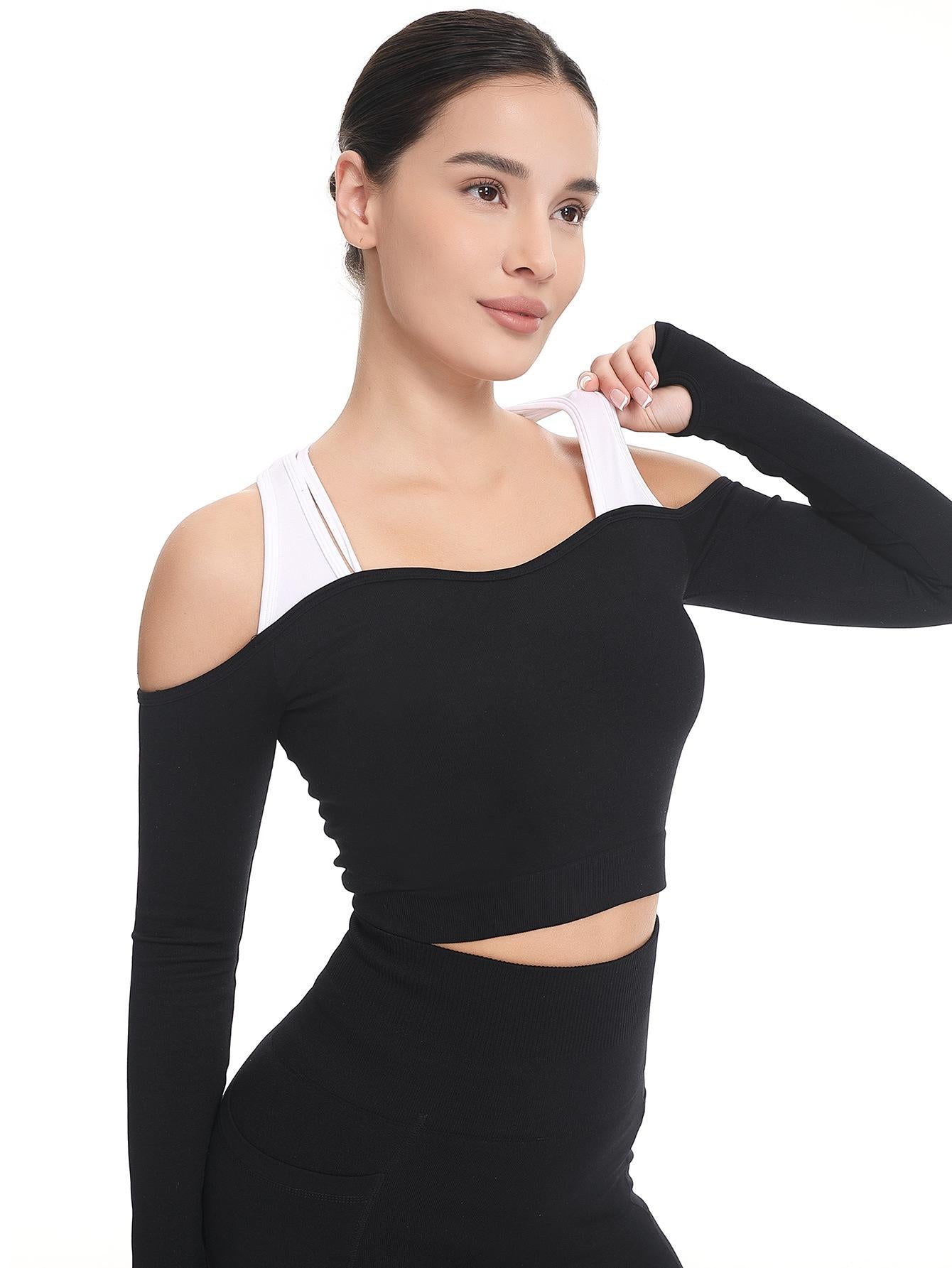 Lila Zen Color-blocked off-shoulder yoga top