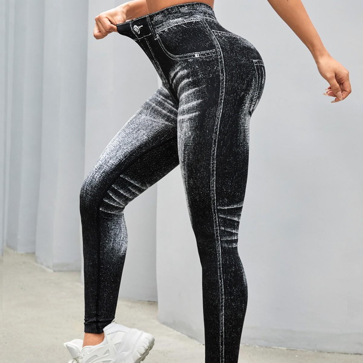 Lila Zen V Lila Zen Women's Faux Denim Seamless V-Waist Lifting and Quick-Drying Yoga Pants